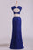 2024 Sheath Open Back Two Pieces Prom Dresses Lace With Applique & Beading Dark Royal Blue