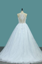 Load image into Gallery viewer, 2023 Tulle &amp; Lace Wedding Dresses Scoop A Line With Applique Sweep Train
