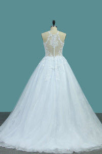 2023 Tulle & Lace Wedding Dresses Scoop A Line With Applique Sweep Train