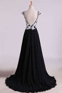 2024 Prom Dresses A Line Scoop Open Back With Applique & Slit Sweep Train Chiffon