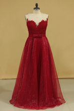 Load image into Gallery viewer, 2023 Burgundy/Maroon Prom Dresses Scoop A Line With Sash And Applique