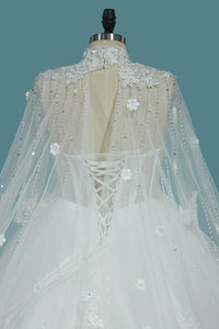 2024 Luxurious Wedding Dresses High Neck Tulle With Sequins Beads Crystals Lace Up