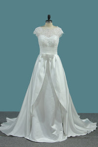 2024 Satin Mermaid Scoop Wedding Dresses With Ruffles Court Train Detachable