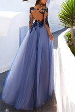 Load image into Gallery viewer, Sexy A-Line See Through Blue Lace Long Sleeve Open Back Appliques Long Prom Dresses RS413