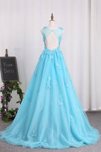 Load image into Gallery viewer, 2023 Bateau A Line Prom Dresses Tulle With Applique Sweep Train