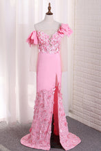 Load image into Gallery viewer, 2023  Mermaid Elastic Satin Off The ShoulderWith Handmade Flower And Slit Sweep Train