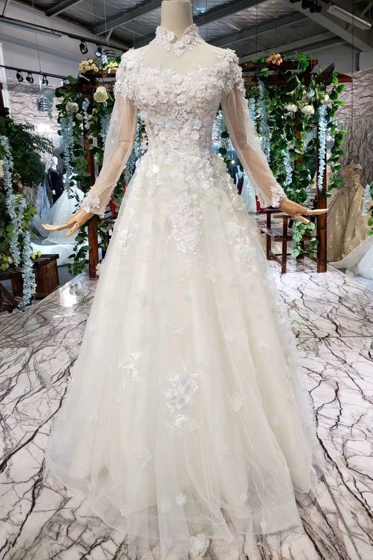2024 Prom Dresses Tulle High Neck Long Sleeves Handmade Flower Sequins