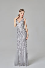 Load image into Gallery viewer, Sexy V Neck Silver Mermaid Prom Dresses, Embroidered Sequins Long Evening Dresses SRS15368