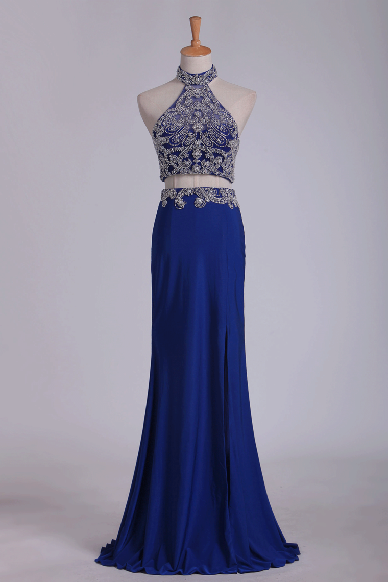 2024 New Arrival Halter Beaded Bodice Prom Dresses Spandex With Slit