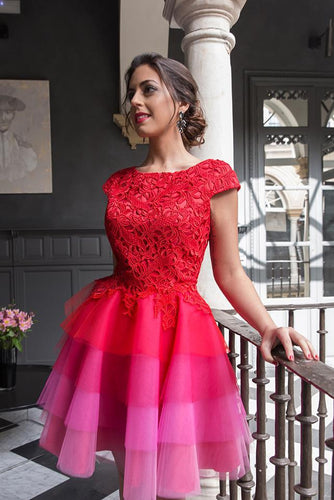 2024 Red Lace Appliques Top Cap Sleeves Multi Colors Tulle Short Homecoming Dresses RS645