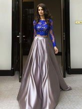 Load image into Gallery viewer, Elegant Blue Two Piece A-line Scoop Long Sleeve Elastic Satin Floor-Length Prom Dresses RS327