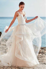 Load image into Gallery viewer, Spaghetti Straps Neckline Backless V-Neck Tulle A-Line Wedding Dresses With Beaded RS310
