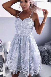 A-Line Spaghetti Straps Knee-Length Gray Lace Sweetheart Prom Homecoming Dress RS657