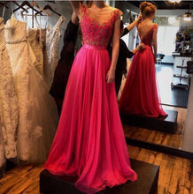 Load image into Gallery viewer, A-Line See-Through Neckline Appliques Chiffon Red Lace Backless Beads Prom Dresses RS316