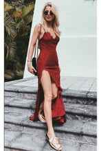 Load image into Gallery viewer, Charming Burgundy Lace Spaghetti Straps Long V-Neck Prom Dresses With Sexy Slit RS375