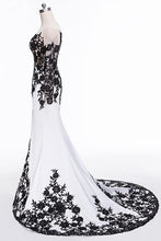 Load image into Gallery viewer, Elegant White Black Lace Appliques Mermaid Long Sleeves Satin Prom Dresses RS516