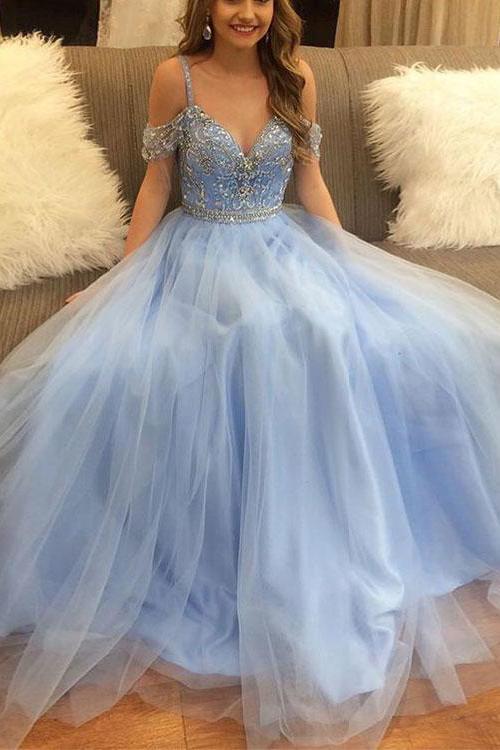 Stylish A-Line V-Neck Off-the-Shoulder Blue Tulle Long Evening Dresses with Beading RS297