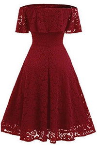 A-line Short Sleeve Burgundy Off-the-Shoulder Lace Knee-Length Grace Homecoming Dresses RS228