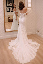 Load image into Gallery viewer, Sheath Off-the-Shoulder White Mermaid Chiffon Lace Appliques Beach Wedding Dresses RS328