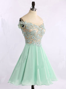 Short Chiffon Tulle Appliques Lace Beads Cute Off the Shoulder Green Homecoming Dresses RS740