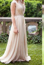 Load image into Gallery viewer, A-line Chiffon Long Simple High Neck Prom Dresses Floor-length Ruched with Cap Sleeves RS295