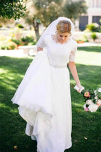 Load image into Gallery viewer, Lace A-Line Beading Ivory Scoop Chiffon Half Sleeve Floor-Length Wedding Dresses RS312