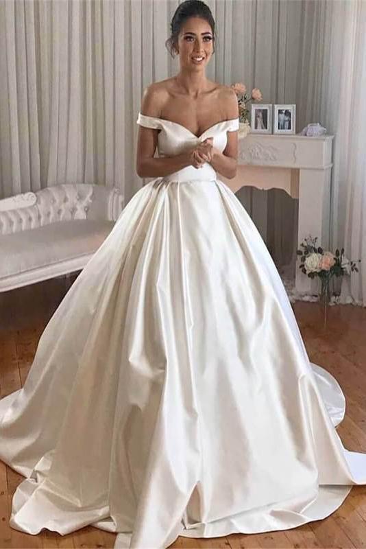 Simple Princess Ivory Ball Gown Sweetheart Satin Off the Shoulder Wedding Dresses RS193