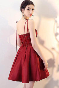 A Line Burgundy V Neck Lace Spaghetti Straps Short Prom Dresses Homecoming Dresses RS966