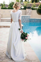 Load image into Gallery viewer, Lace A-Line Beading Ivory Scoop Chiffon Half Sleeve Floor-Length Wedding Dresses RS312
