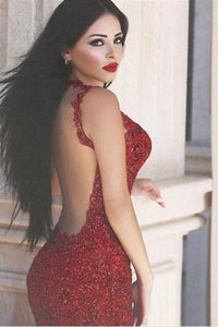 Sexy Burgundy Mermaid V-Neck Sleeveless Floor-Length Appliques Prom Dresses RS283