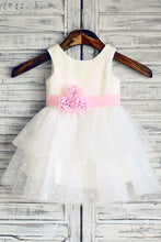 Load image into Gallery viewer, Ball Gown Scoop Neck Tulle Ivory Elastic Woven Satin Short Mini Tiered Flower Girl Dresses RS735