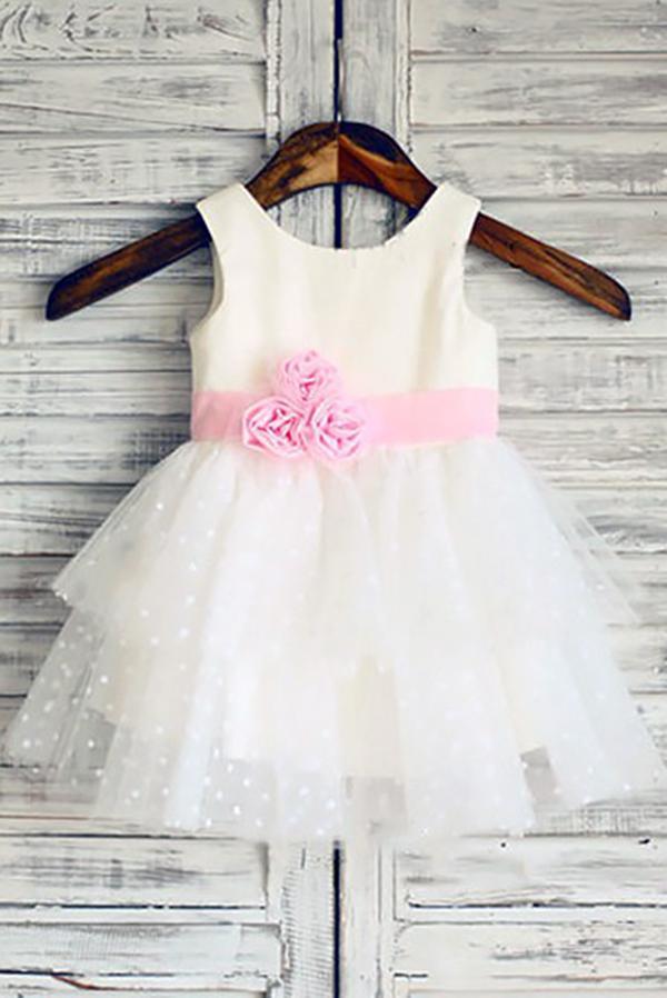 Ball Gown Scoop Neck Tulle Ivory Elastic Woven Satin Short Mini Tiered Flower Girl Dresses RS735