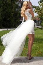 Load image into Gallery viewer, Sheath Scoop Neck Ivory Lace Tulle Detachable Ruffles Open Back Wedding Dresses RS738