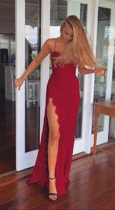 2024 A-Line Red Long Sheath Lace Spaghetti Straps Split Front Sweetheart Prom Dresses RS481