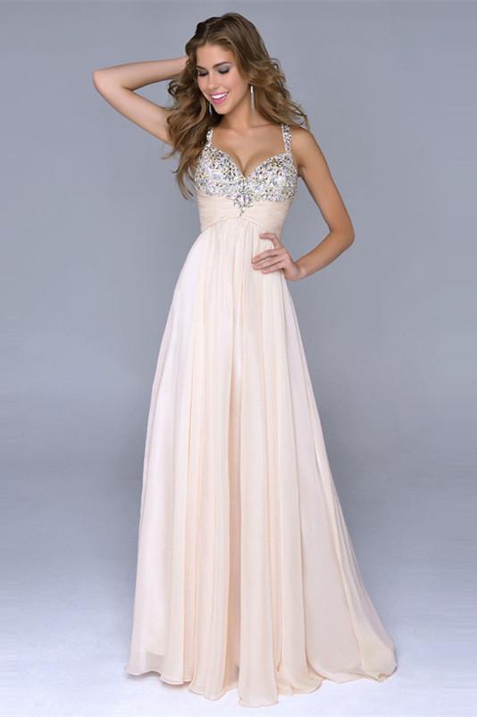 Pale Pink Unique A Line with Spaghetti Straps Open Back Backless Chiffon Prom Dresses RS29