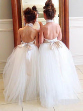 Load image into Gallery viewer, Halter Cute Tulle Fluffy Backless White Flower Girl Dresses with Belt Baby Dresses RS118