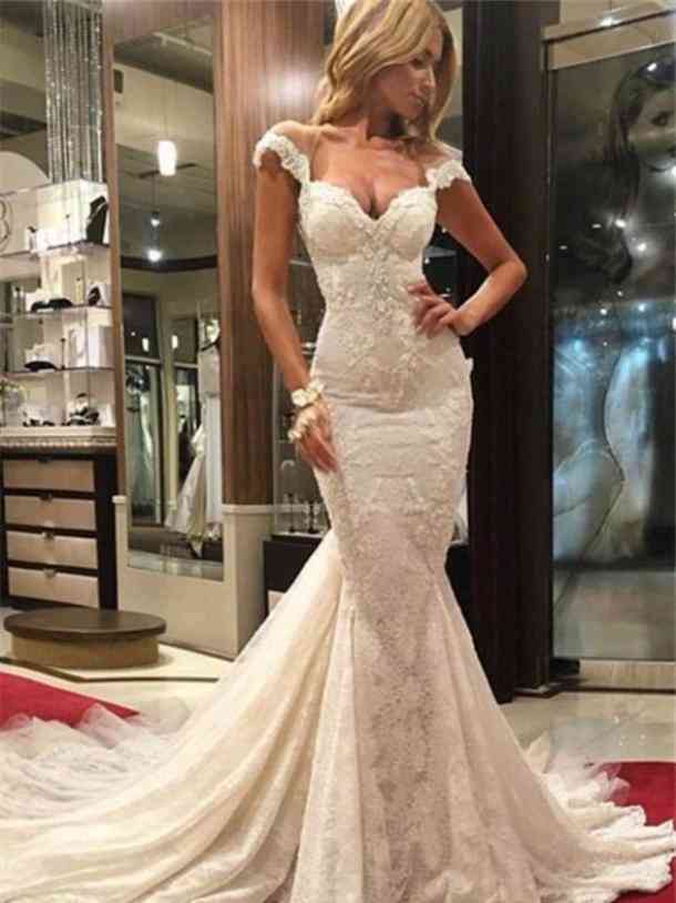 Gorgeous Scoop Illusion Back Cap Sleeves Court Train Lace Sexy Mermaid Wedding Dresses RS285