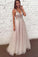 Elegant V Neck Sleeveless Floor Length Tulle Party Dresses Prom Dresses with Appliques