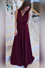 Load image into Gallery viewer, Simple A-line V-neck Chiffon Sweep Train Burgundy Sleeveless Sashes Prom Dresses RS404
