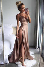 Load image into Gallery viewer, Brown Satin Thigh-High Slit Deep V-Neck Spaghetti Straps Long A-Line Prom Dresses RS433