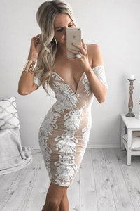 Tight Off-the-Shoulder V Neck Lace Short Satin Homecoming Dress with Appliques RS660