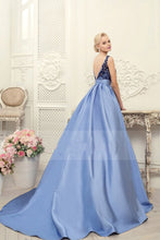 Load image into Gallery viewer, 2024 Scoop Blue A-Line Appliques Satin Backless Sleeveless Quinceanera Dress Prom Dresses RS456