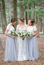 Load image into Gallery viewer, Short Sleeve White Top Light Grey Tulle Skirt Popular Floor-Length Bridesmaid Dresses RS519
