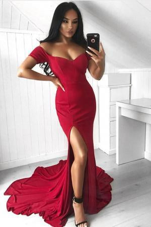 Sexy Mermaid Off the Shoulder Slit Sweetheart Short Sleeve Satin Long Prom Dresses RS40
