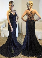 Load image into Gallery viewer, Spaghetti Straps V-Neck Black Mermaid Sparkly Sexy Beads Tulle Unique Prom Dresses RS400