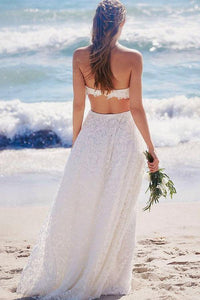 A-Line White Sweetheart Strapless Lace Long Beach Open Back Wedding Dresses RS268