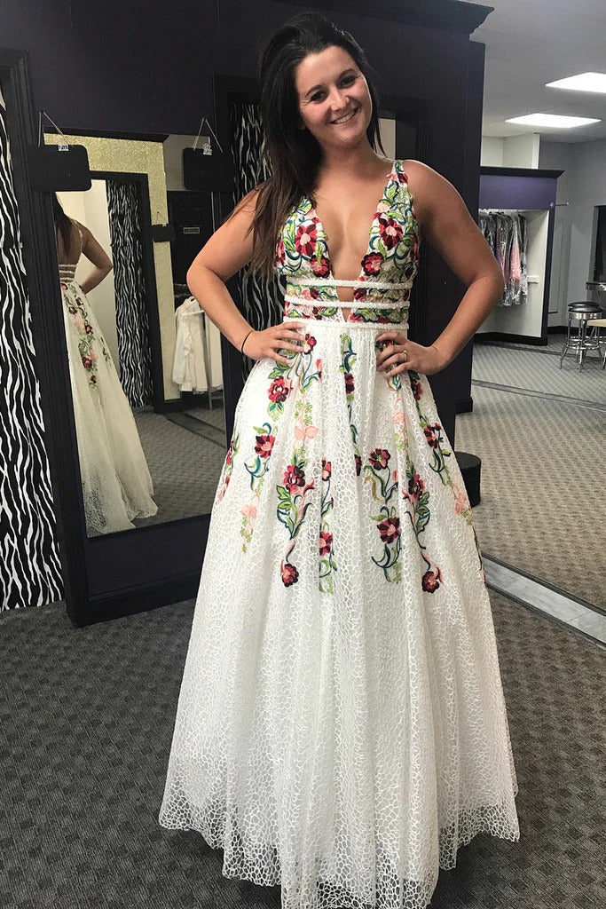 Charming Floral Embroidery Long Prom Dresses V Neck A Line Party Dresses