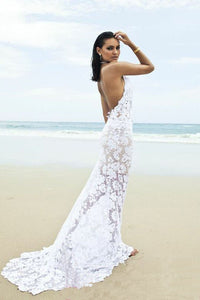 Beach Backless Sexy Mermaid Lace White Open Back Halter V-Neck Summer Wedding Dress RS698