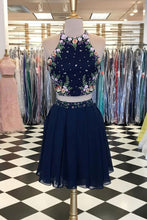 Load image into Gallery viewer, Unique Dark Blue Two Piece Short Prom Dress Halter Flowers Chiffon Homecoming Dresses RS758