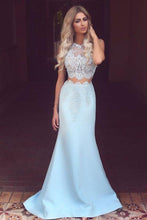Load image into Gallery viewer, Elegant Two Piece Mermaid Blue Lace High Neck Cap Sleeve Satin Prom Dresses RS419
